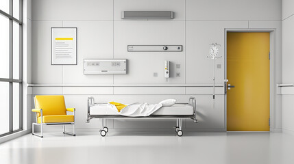 modern clinic office featuring exam bed, medical equipment, and bright yellow accents. clean, minimalist design creates welcoming atmosphere for patients