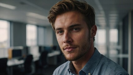 Obraz premium Close up cinematic portrait of pretty handsome man in office, corporate businessman