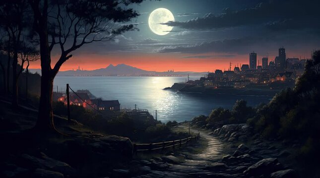 A view of the moon, city, and river. 4K animated video