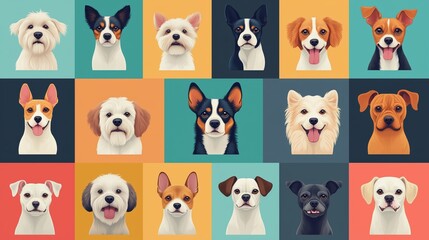 Naklejka premium A grid of flat design icons featuring dogs in various poses and sizes, arranged side by side on colorful squares.