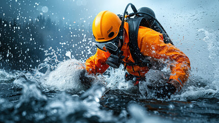 Fototapeta premium Dramatic close up of commercial diver in orange wetsuit, navigating through splashing water, showcasing intensity and focus of underwater work