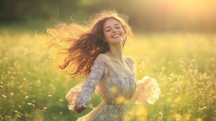 Happy woman in light dress standing in grass. 