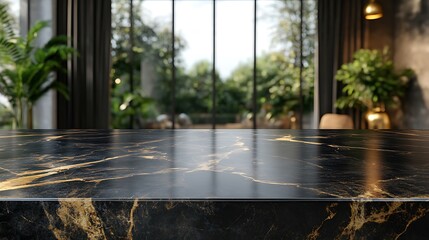 Empty marble countertop with blurred background of a modern living room with plants and a window.
