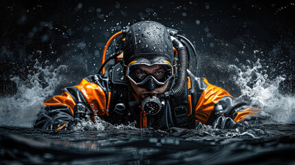 Obraz premium Diver in orange and black wetsuit emerging from water, showcasing determination and skill. scene captures intensity of underwater exploration and adventure