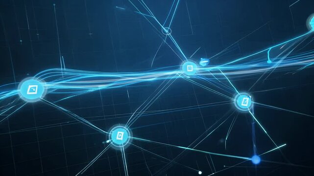 Business Network Connections Economic Signals 3D Animation Cyberspace Blue Lines Dots 4K flight flying line dot node digital cloud computer connect connection global net technology big datum database