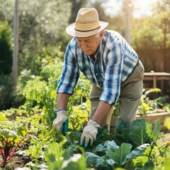 Elderly man gardening in his backyard on a bright afternoon