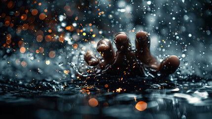 Dramatic close up of hand reaching out from water, surrounded by splashes and shimmering droplets, evoking sense of urgency and emotion