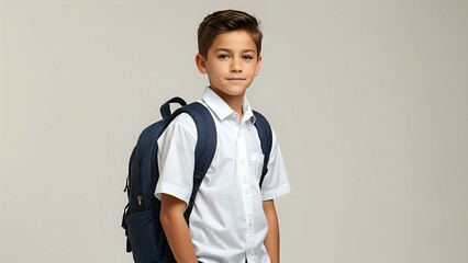 Young boy with school backpack standing confidently against plain background in casual uniform