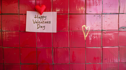 Note paper stick on red copy space wall with handwritten text DEAR SELF - HAPPY VALENTINES DAY - concept of self-love, single person give themselves love and care message on Valentine's. 