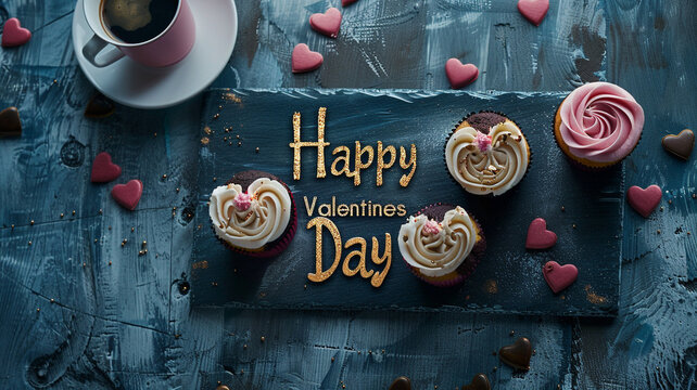 Overhead view of happy valentines day text on writing slate by cupcakes and coffee cup on table. love and valentine greeting with copy space