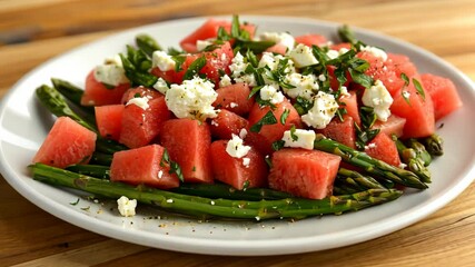 A fresh summer salad with watermelon, asparagus, and feta cheese