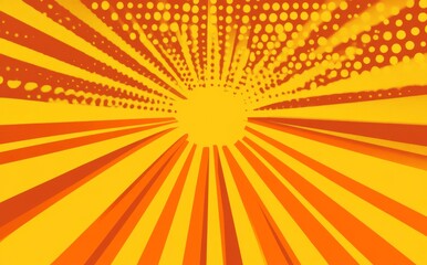 Fototapeta premium Flat Vector Background Featuring Halftone Dots in Yellow and Orange Tones, Creating an Energetic Comic Book-Style Design with Sun Rays, Ideal for Graphic Projects.
