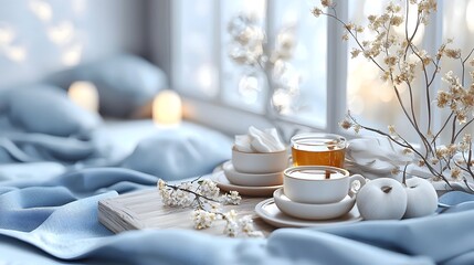 Luxurious spa lounge area with comfortable seating soft lighting and herbal tea served on a table creating a peaceful and welcoming space for relaxation and wellness