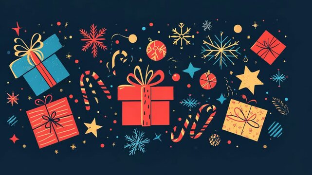 A colorful Christmas illustration with gifts, candy canes, snowflakes, and stars on a dark blue background