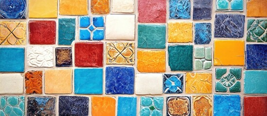 Colorful mosaic tile wall with different patterns and colors.