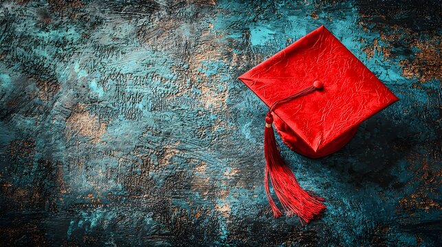 Graduation cap resting on a surface with empty space in the center providing an opportunity for customization or text overlay