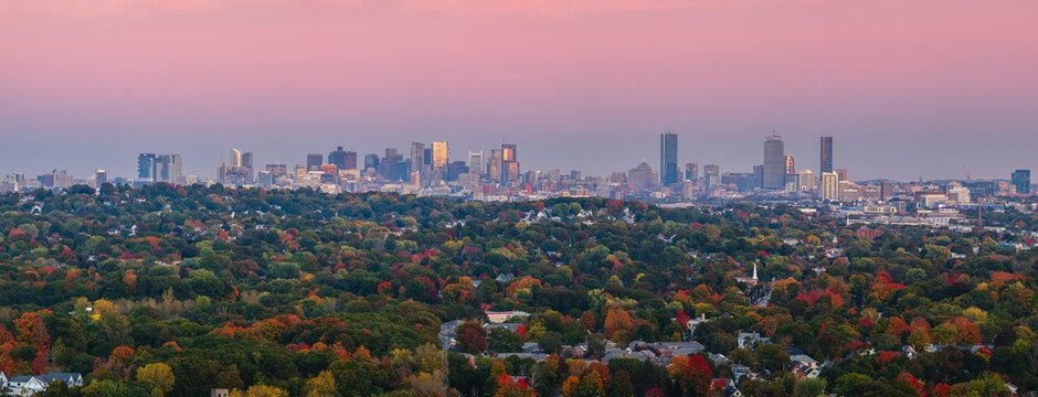 Panoramic view of Boston skyline at autumn sunset - Powered by Adobe