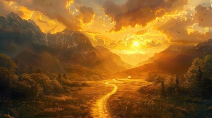 Golden Sunset Valley, glowing river, majestic mountains, vibrant sky, tranquil landscape, serene ambiance, nature's grandeur.