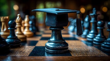 Graduation cap resting on a chessboard symbolizing the strategic planning decision making and intellectual victory associated with academic achievements and educational success