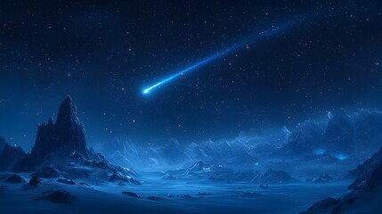 Fototapeta premium Breathtaking photograph of a brilliant blue tailed comet gracefully soaring over a serene and snow capped mountain range set against the backdrop of a clear and starry night sky