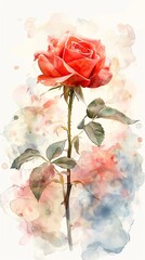 Watercolor Painting of a Single Red Rose with Stem and Leaves