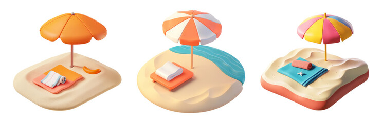 Fototapeta premium PNG Beach Scene with Umbrellas and Towels - 3D icons and objects collection, in cartoon style isolated on transparent background