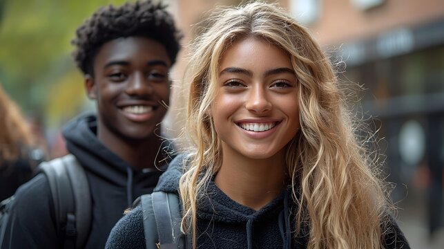 Excited students walking through the school gates on the first day of a new academic term holding backpacks and smiling with anticipation for the upcoming classes and activities