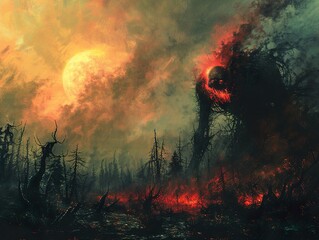 Fototapeta premium Burning Forest with a Giant Creature and a Blood Moon
