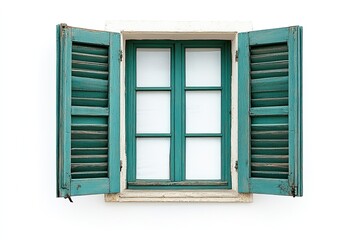 Fototapeta premium open window with green wooden shutters on white background