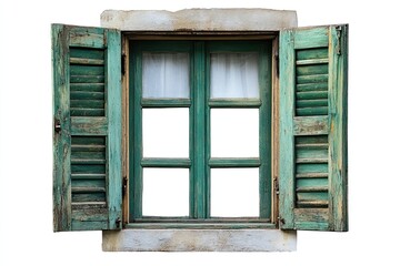 open window with green wooden shutters on white background