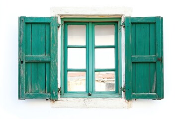 open window with green wooden shutters on white background