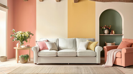 stylish living room featuring pastel blue sofa with colorful cushions, complemented by pastel yellow and pink wall. decor exudes warm and inviting atmosphere