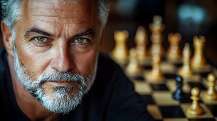 Photograph of a grandmaster playing chess against multiple opponents in a simultaneous exhibition with chessboards lined up and intense focus on the players