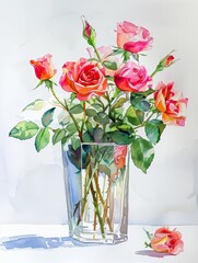 Obraz premium Watercolor Painting of Pink Roses in a Glass Vase