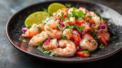 Ceviche A fresh and colorful ceviche with shrimp in black plate