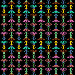 Digital seamless Colorful Batik wallpaper Ikat floral embroidery Vector pattern on black background. botanical abstract vector illustration. design for texture ,fabric ,clothing wrapping ,decoration.