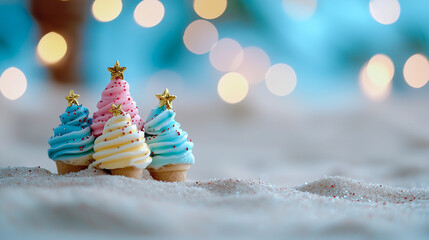Festive Christmas cupcakes on tropical beach promoting holiday joy and tropical celebration