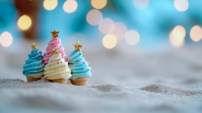 Festive Christmas cupcakes on tropical beach promoting holiday joy and tropical celebration