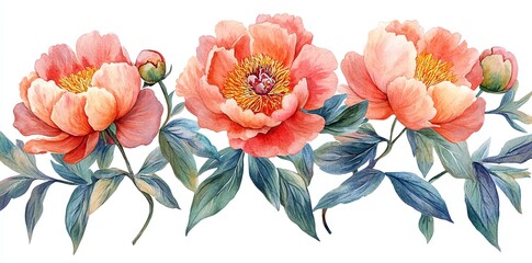 Watercolor illustration of three pink peonies with green leaves on a white background. (3)