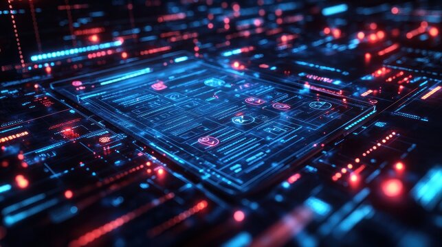 Futuristic digital circuit board with glowing data connections.