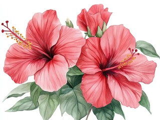 Watercolor painting of three pink hibiscus flowers with green leaves.