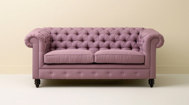 soft lavender sofa with tufted design and elegant rolled arms, perfect for adding touch of sophistication to any living space. Its plush cushions invite relaxation and comfort