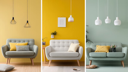 Soft mint sofas create cozy atmosphere against light yellow and green walls, complemented by stylish pendant lighting. This inviting space is perfect for relaxation