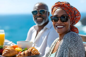 Senior couple smiling at camera while having breakfast on vacation cruise