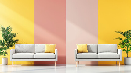 stylish interior featuring soft mint sofas against light yellow and pink wall, complemented by lush green plants, creating vibrant and inviting atmosphere