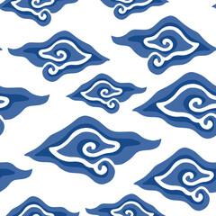 Seamless pattern of Indonesia's traditional blue gradient Mega Mendung batik illustration on a transparent background. Hand-drawn illustration for printing