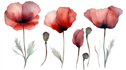 Naklejka premium Watercolor painting of red poppies with buds and leaves isolated on white background.