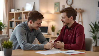 Fototapeta premium A caring New Zealand psychologist supports a troubled teenage boy during therapy, helping him navigate feelings of guilt and depression in a warm, inviting office environment