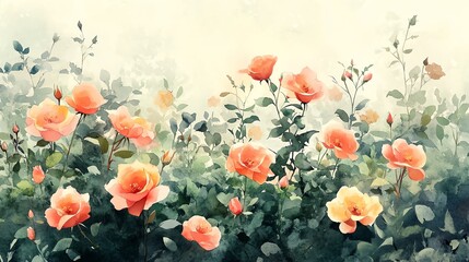 Watercolor painting of a field of peach and yellow roses in bloom.