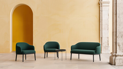 Modern soft turquoise sofas create stylish seating area against light yellow wall, enhancing contemporary aesthetic of space